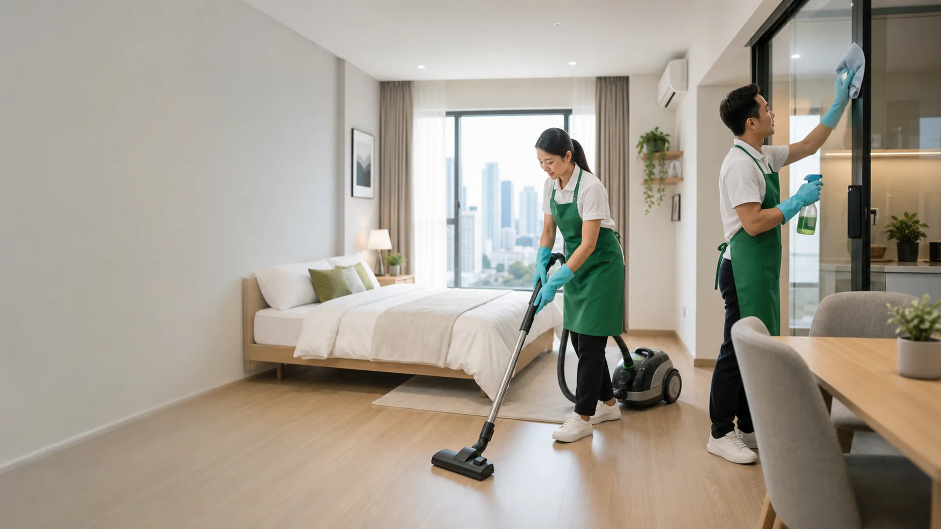 Cleaner membersihkan apartemen modern dengan perlengkapan lengkap