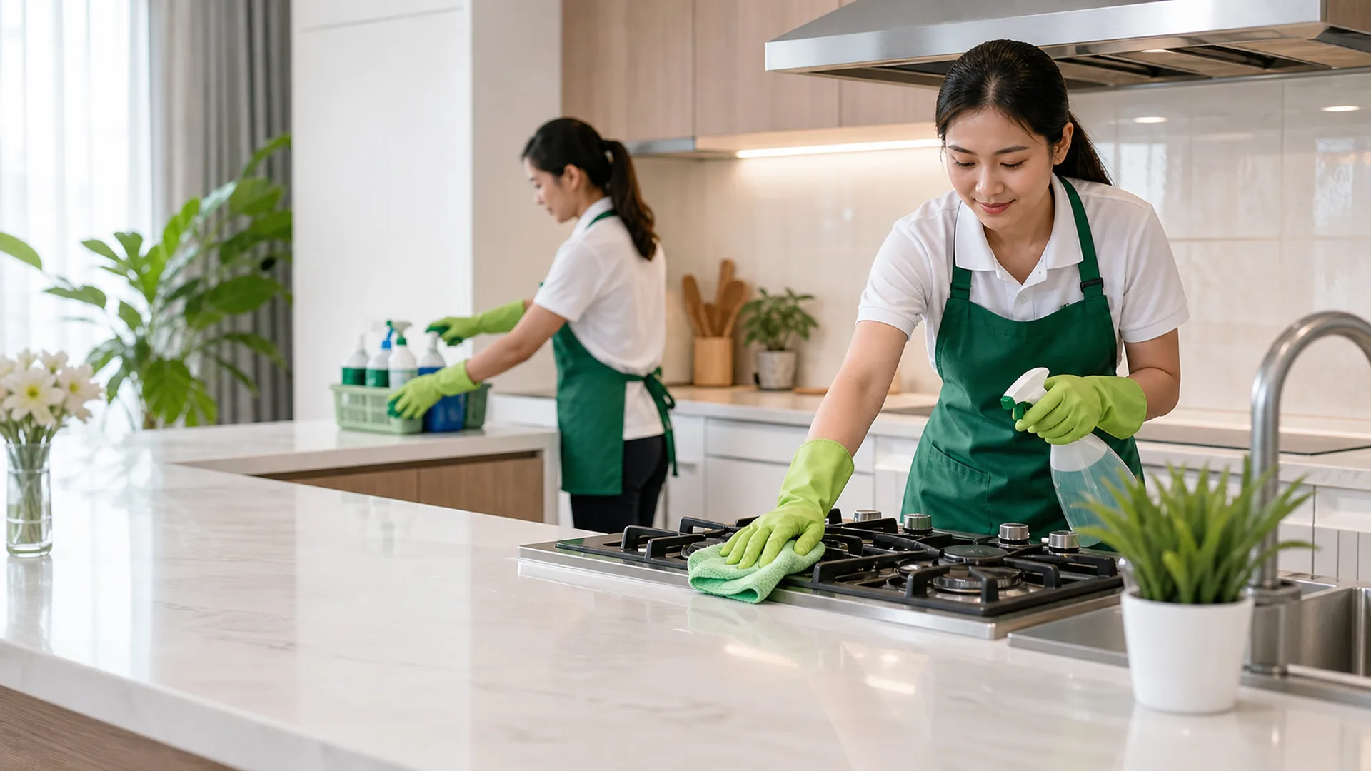 Cleaner melakukan special cleaning pada area dapur rumah
