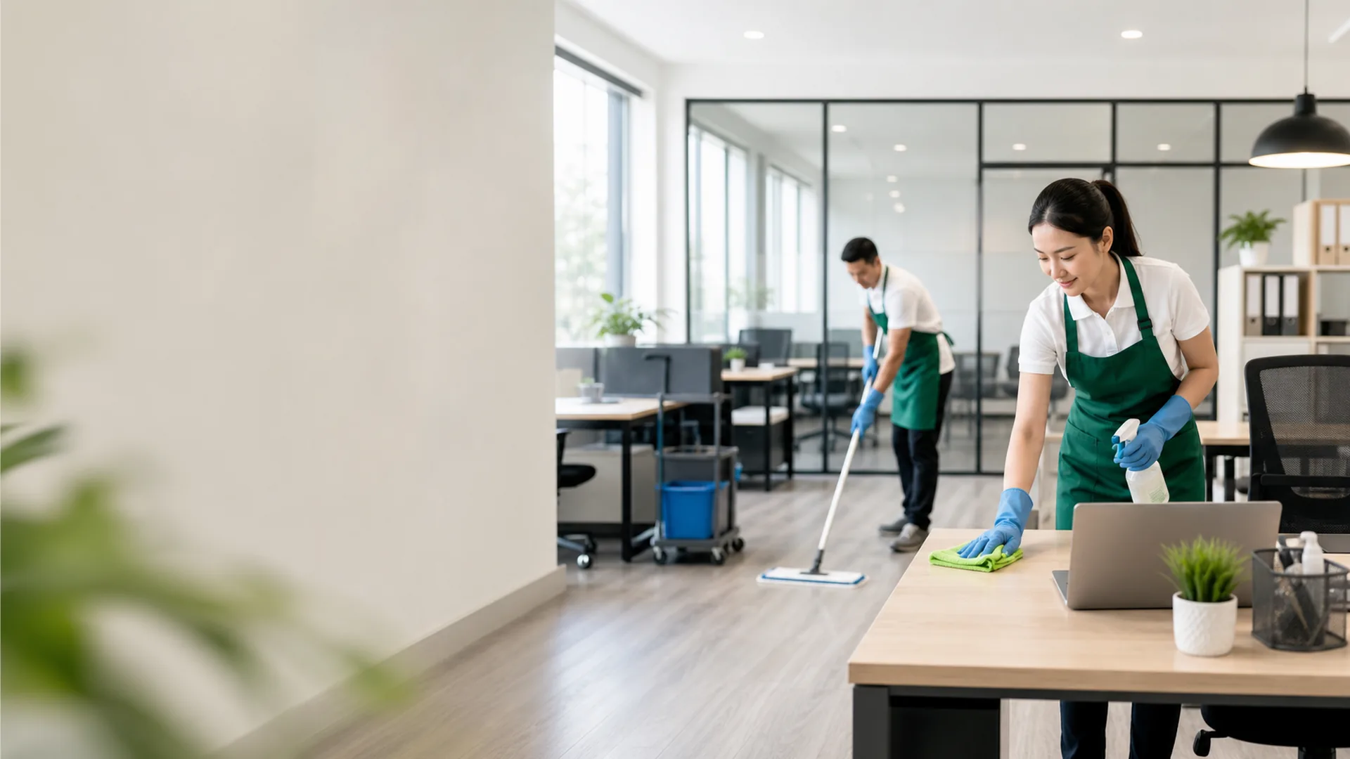 Tim cleaner membersihkan kantor kecil dan meja kerja