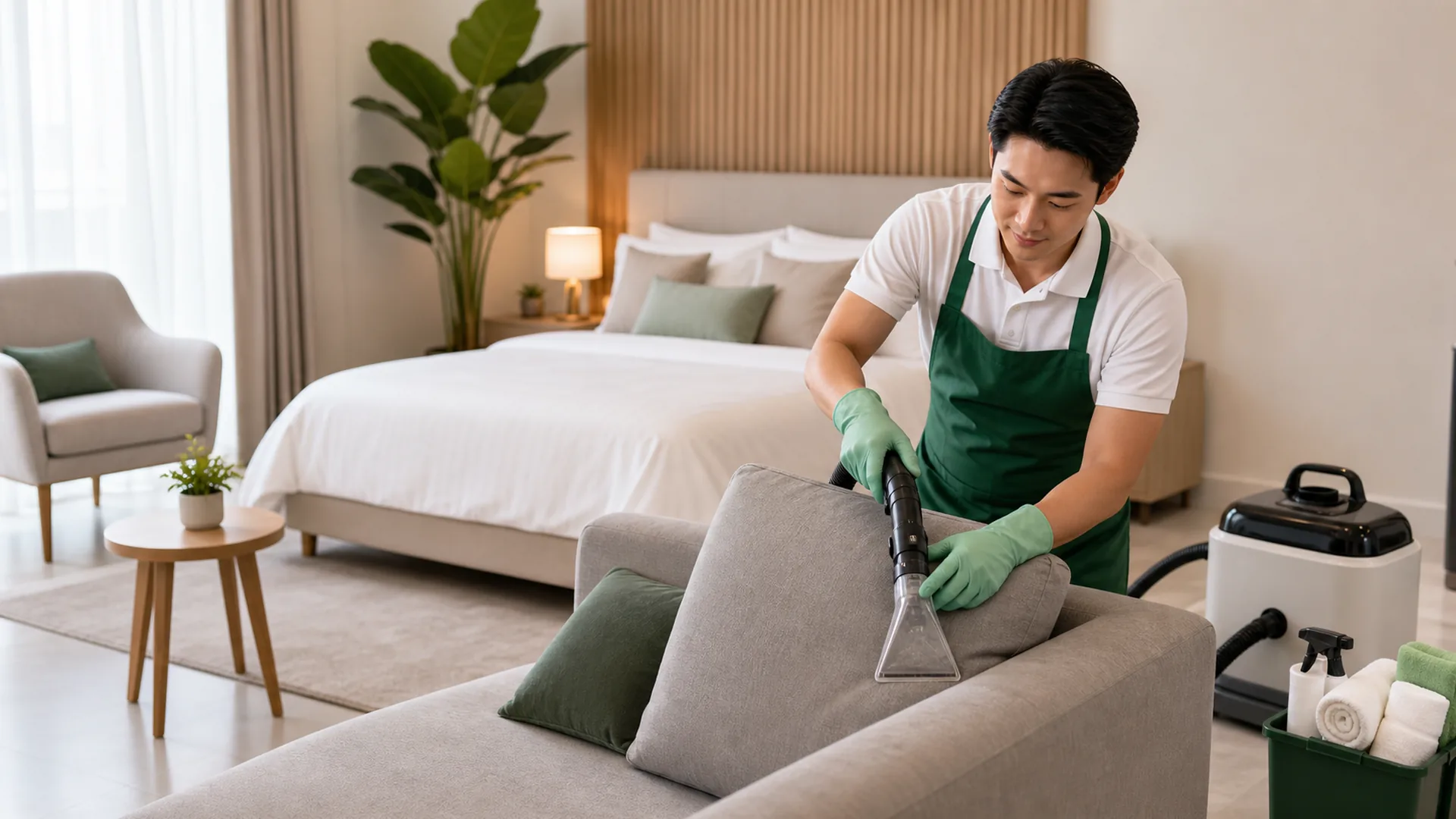 Cleaner membersihkan sofa dan kasur dengan alat upholstery